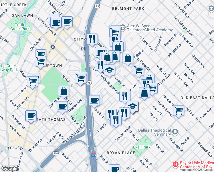 map of restaurants, bars, coffee shops, grocery stores, and more near 85 Alonzo Place in Dallas
