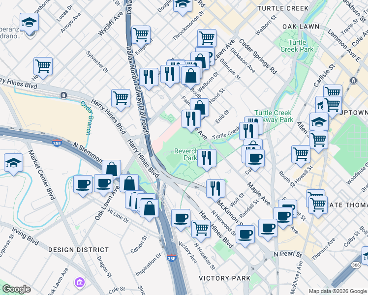 map of restaurants, bars, coffee shops, grocery stores, and more near 3400 Pearl Street in Dallas