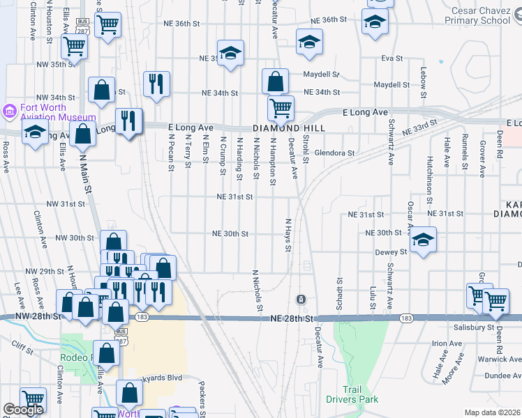 map of restaurants, bars, coffee shops, grocery stores, and more near 3113 North Nichols Street in Fort Worth