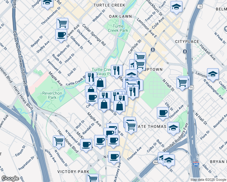 map of restaurants, bars, coffee shops, grocery stores, and more near 2693 Cole Avenue in Dallas