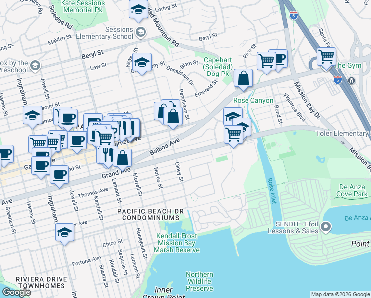 map of restaurants, bars, coffee shops, grocery stores, and more near 2241 Grand Avenue in San Diego