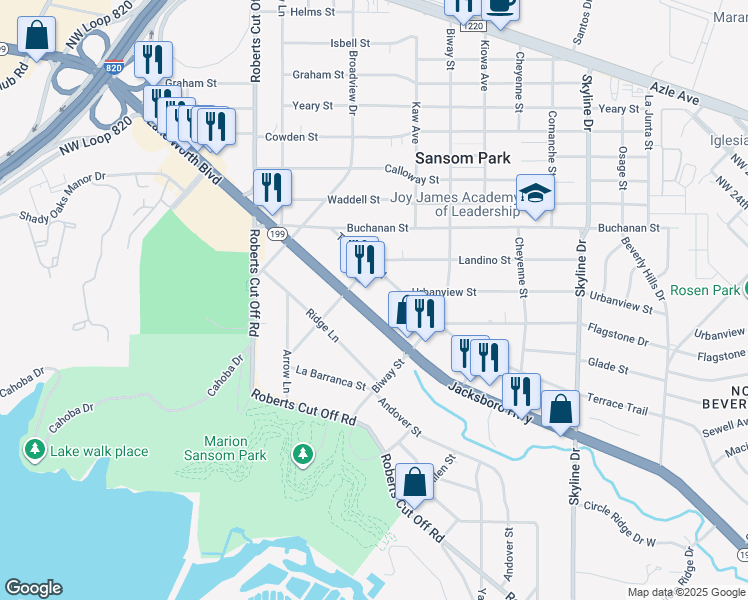 map of restaurants, bars, coffee shops, grocery stores, and more near 5706 Jacksboro Highway in Fort Worth