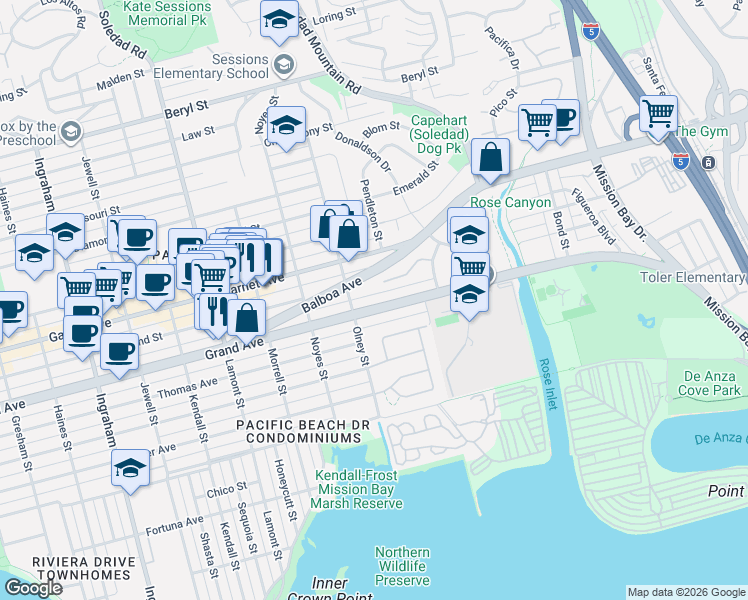 map of restaurants, bars, coffee shops, grocery stores, and more near 2241 Grand Avenue in San Diego