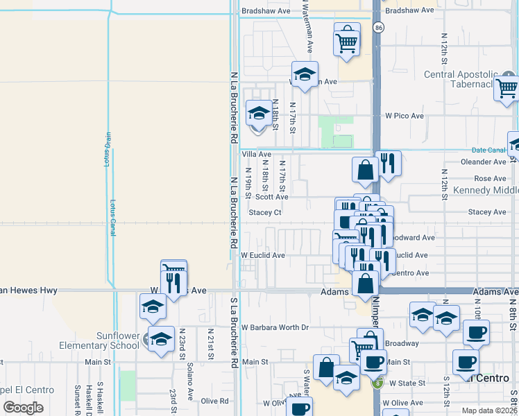 map of restaurants, bars, coffee shops, grocery stores, and more near 1775 Stacey Court in El Centro