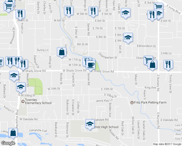 map of restaurants, bars, coffee shops, grocery stores, and more near 100 East Shady Grove Road in Irving