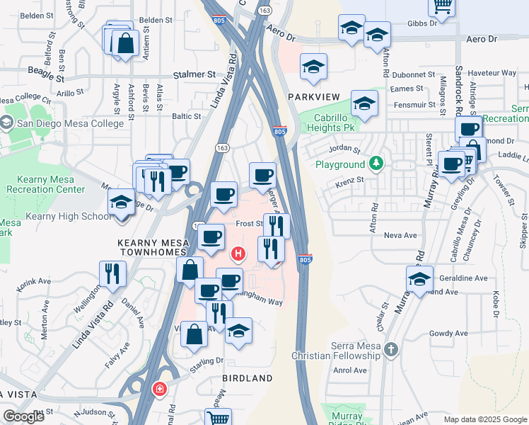 map of restaurants, bars, coffee shops, grocery stores, and more near 8060 Frost Street in San Diego