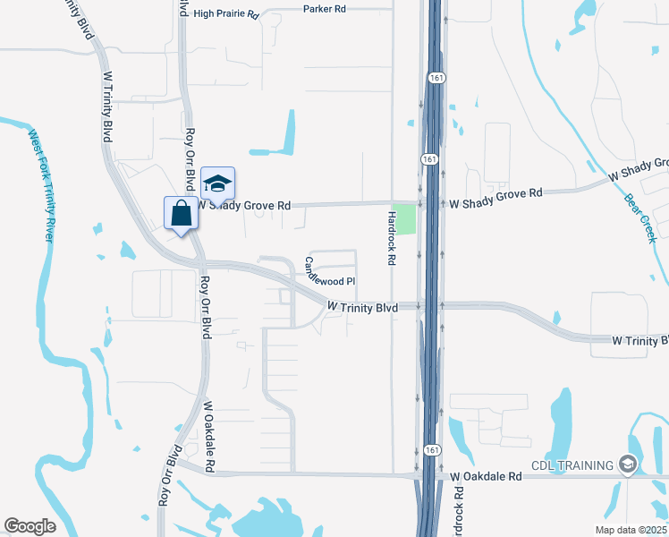 map of restaurants, bars, coffee shops, grocery stores, and more near 1242 Candlewood Place in Grand Prairie