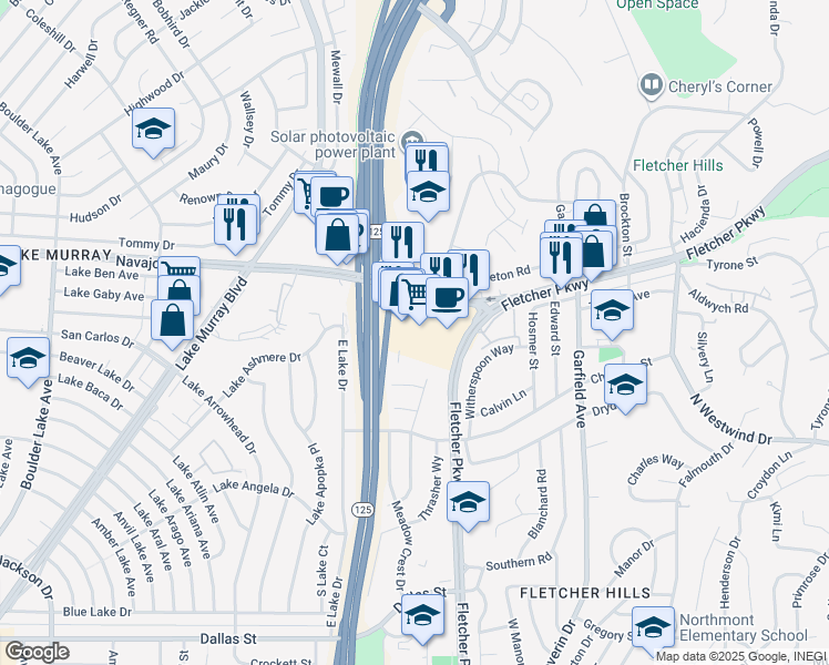 map of restaurants, bars, coffee shops, grocery stores, and more near 2800 Fletcher Parkway in El Cajon
