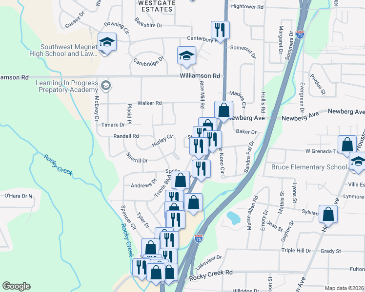 map of restaurants, bars, coffee shops, grocery stores, and more near 35 Sherry Drive in Macon