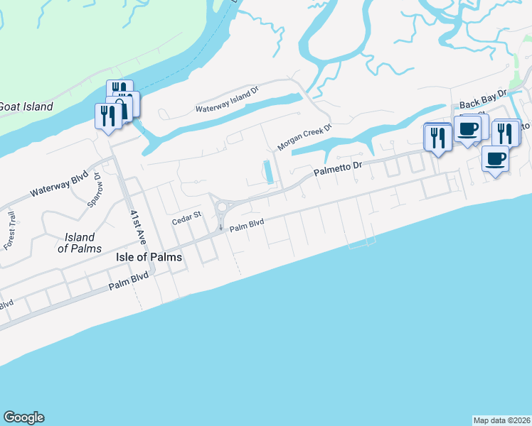 map of restaurants, bars, coffee shops, grocery stores, and more near 10 Abalone Alley in Isle of Palms
