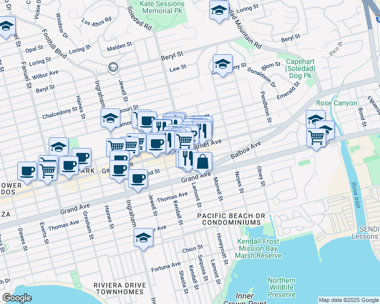 map of restaurants, bars, coffee shops, grocery stores, and more near 1905 Garnet Avenue in San Diego