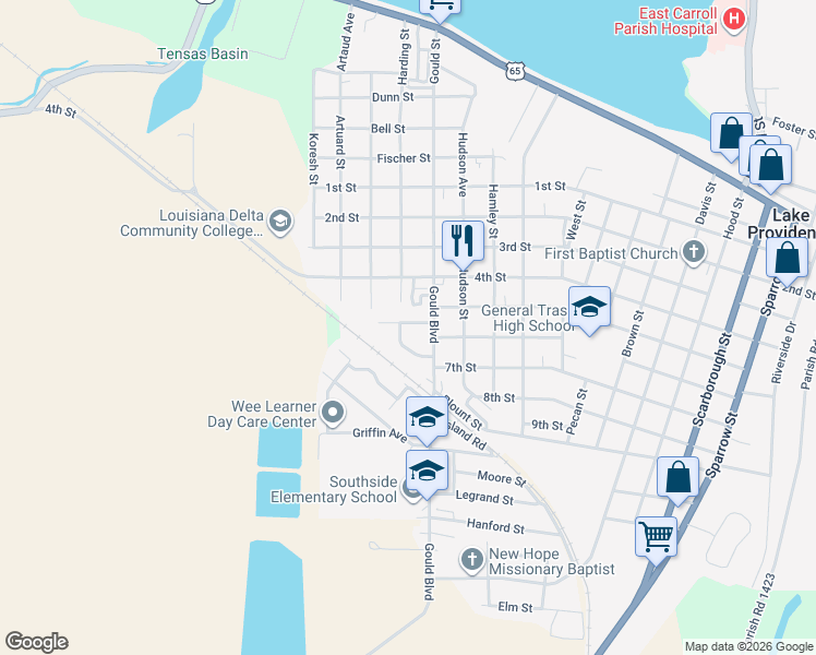 map of restaurants, bars, coffee shops, grocery stores, and more near 1431 Short 7th Street in Lake Providence