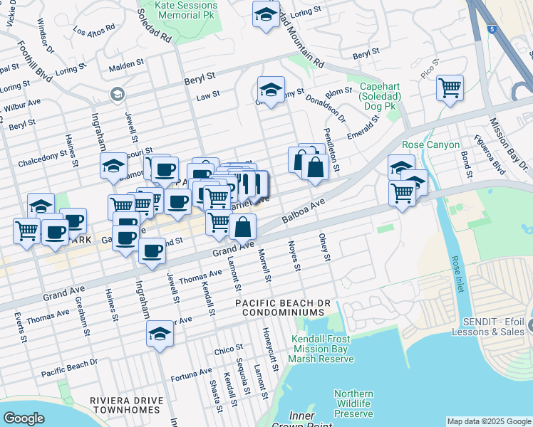 map of restaurants, bars, coffee shops, grocery stores, and more near 2034 Balboa Avenue in San Diego