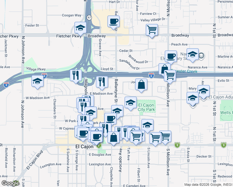 map of restaurants, bars, coffee shops, grocery stores, and more near East Madison Avenue & Ballantyne Street in El Cajon