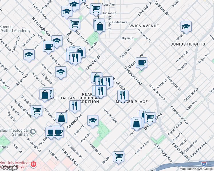 map of restaurants, bars, coffee shops, grocery stores, and more near 4915 Gaston Avenue in Dallas