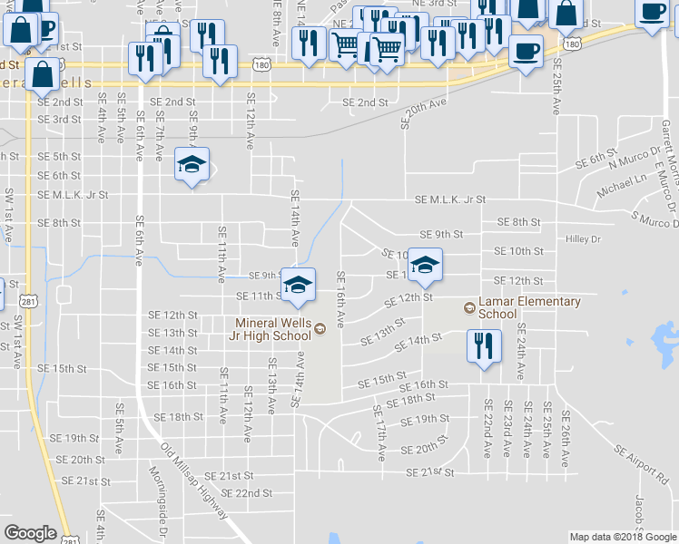 map of restaurants, bars, coffee shops, grocery stores, and more near 1106 Southeast 16th Avenue in Mineral Wells