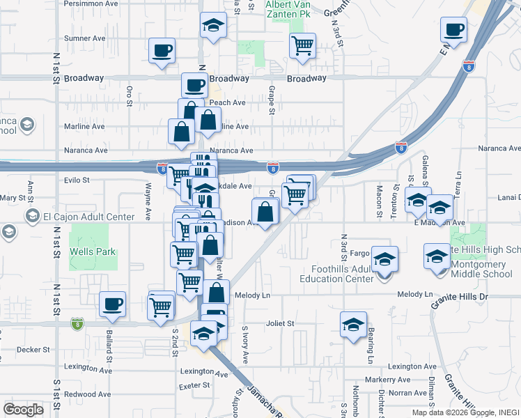 map of restaurants, bars, coffee shops, grocery stores, and more near 1378 East Madison Avenue in El Cajon