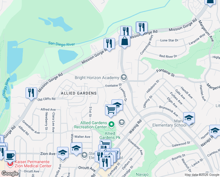 map of restaurants, bars, coffee shops, grocery stores, and more near 7113 Keighley Street in San Diego