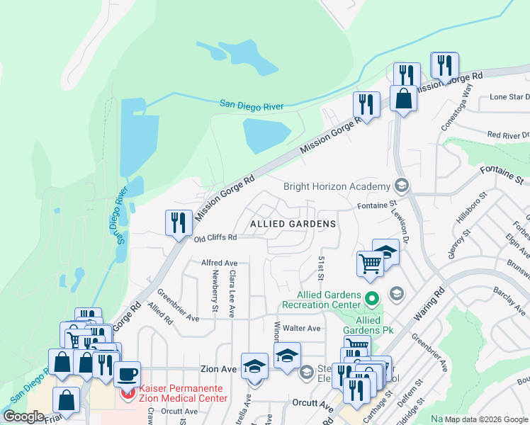 map of restaurants, bars, coffee shops, grocery stores, and more near 4812 Old Cliffs Road in San Diego