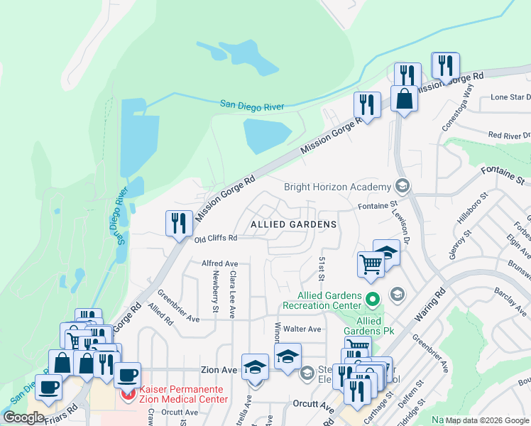 map of restaurants, bars, coffee shops, grocery stores, and more near 4920 1/2 Old Cliffs Road in San Diego