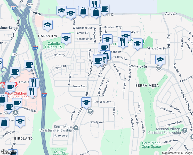 map of restaurants, bars, coffee shops, grocery stores, and more near 8766 Macawa Avenue in San Diego