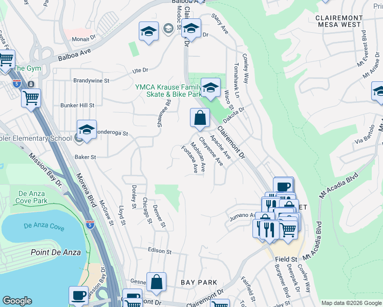 map of restaurants, bars, coffee shops, grocery stores, and more near 3312 Fontana Avenue in San Diego