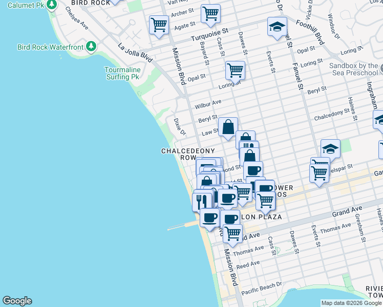 map of restaurants, bars, coffee shops, grocery stores, and more near 4767 Ocean Boulevard in San Diego