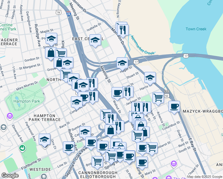 map of restaurants, bars, coffee shops, grocery stores, and more near 573 Meeting Street in Charleston