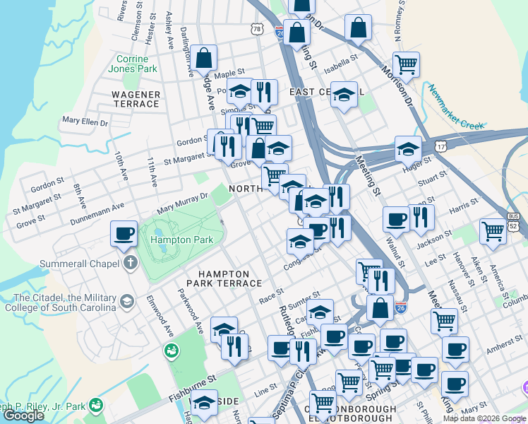 map of restaurants, bars, coffee shops, grocery stores, and more near 1 Homel Place in Charleston