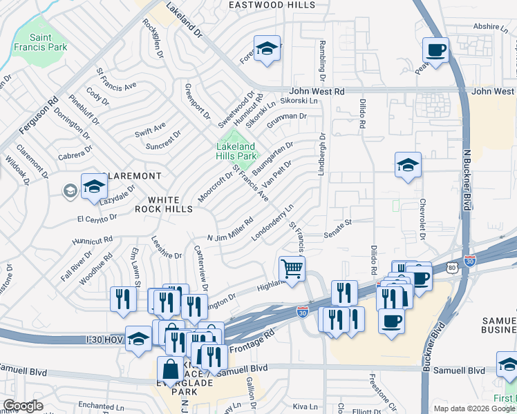 map of restaurants, bars, coffee shops, grocery stores, and more near 6209 North Jim Miller Road in Dallas