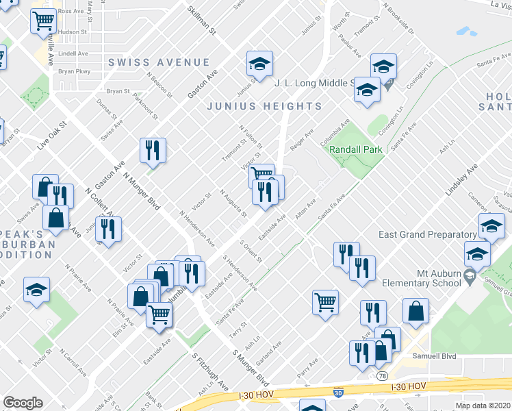 map of restaurants, bars, coffee shops, grocery stores, and more near 5511 Columbia Avenue in Dallas