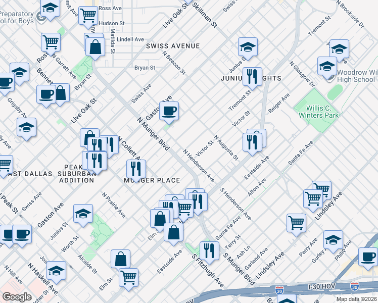 map of restaurants, bars, coffee shops, grocery stores, and more near 5211 Victor Street in Dallas