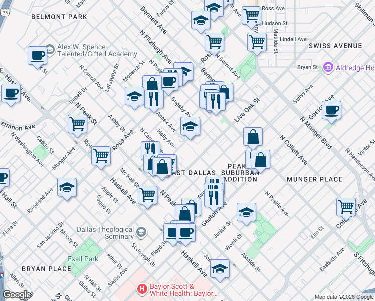 map of restaurants, bars, coffee shops, grocery stores, and more near in Dallas