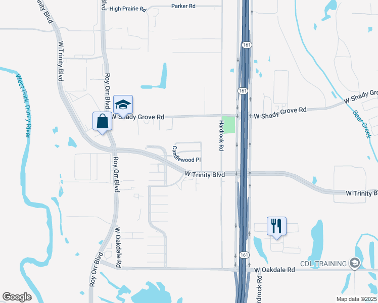 map of restaurants, bars, coffee shops, grocery stores, and more near 1242 Candlewood Place in Grand Prairie