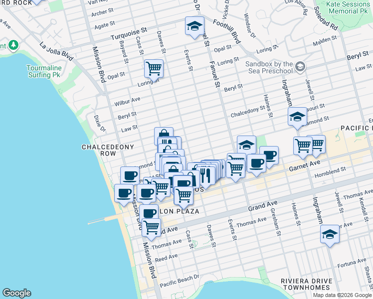 map of restaurants, bars, coffee shops, grocery stores, and more near 4718 Dawes Street in San Diego