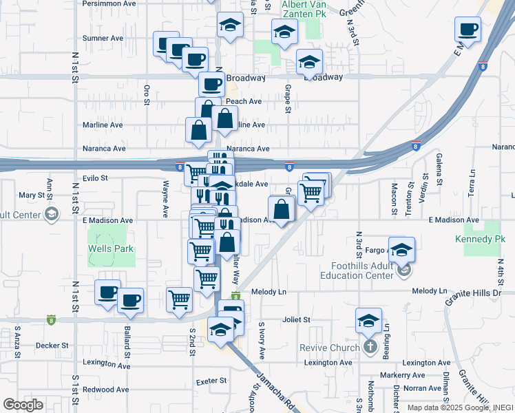 map of restaurants, bars, coffee shops, grocery stores, and more near 1360 East Madison Avenue in El Cajon