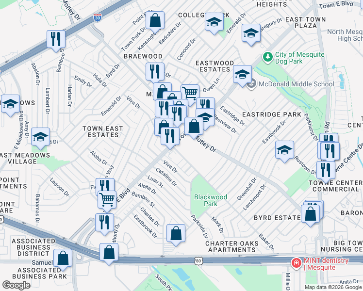 map of restaurants, bars, coffee shops, grocery stores, and more near 3334 North Town East Boulevard in Mesquite