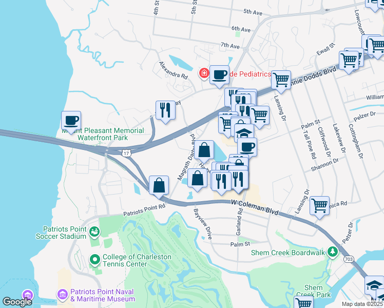 map of restaurants, bars, coffee shops, grocery stores, and more near Magrath Darby Boulevard in Mount Pleasant