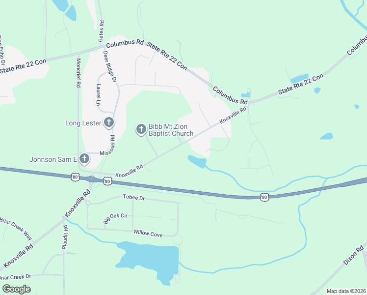 map of restaurants, bars, coffee shops, grocery stores, and more near 6866 Knoxville Road in Lizella