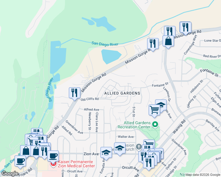 map of restaurants, bars, coffee shops, grocery stores, and more near 2 Old Cliffs Road in San Diego