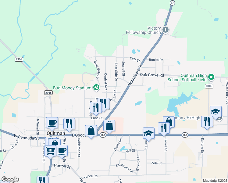 map of restaurants, bars, coffee shops, grocery stores, and more near 405 Third Street in Quitman