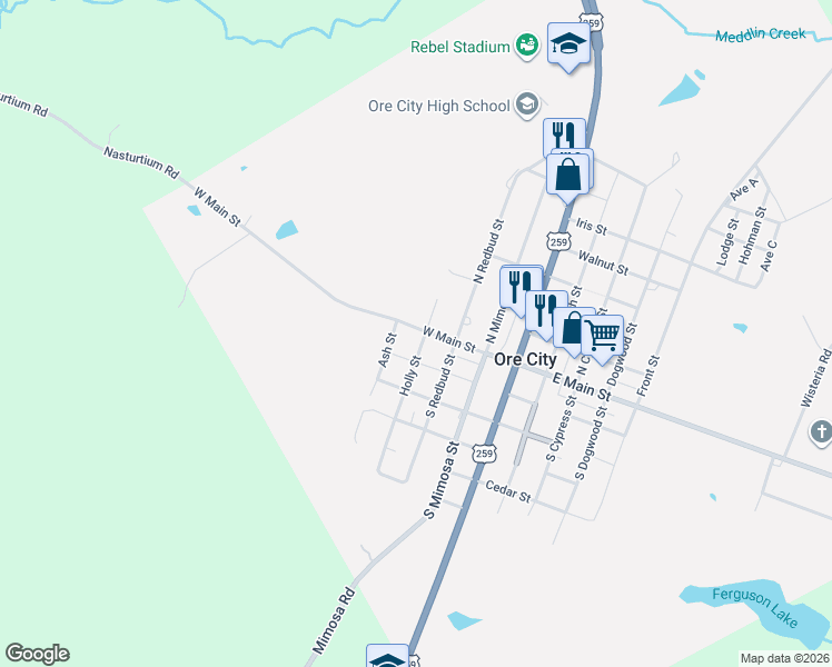 map of restaurants, bars, coffee shops, grocery stores, and more near 401 Holly Street in Ore City