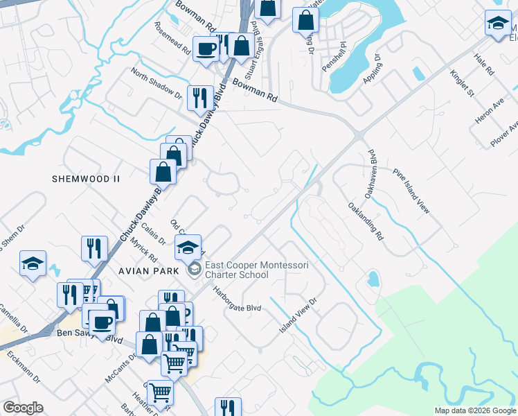 map of restaurants, bars, coffee shops, grocery stores, and more near 1239 Llewellyn Road in Mount Pleasant