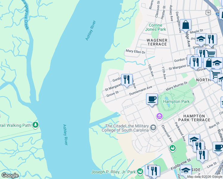 map of restaurants, bars, coffee shops, grocery stores, and more near 40 6th Avenue in Charleston
