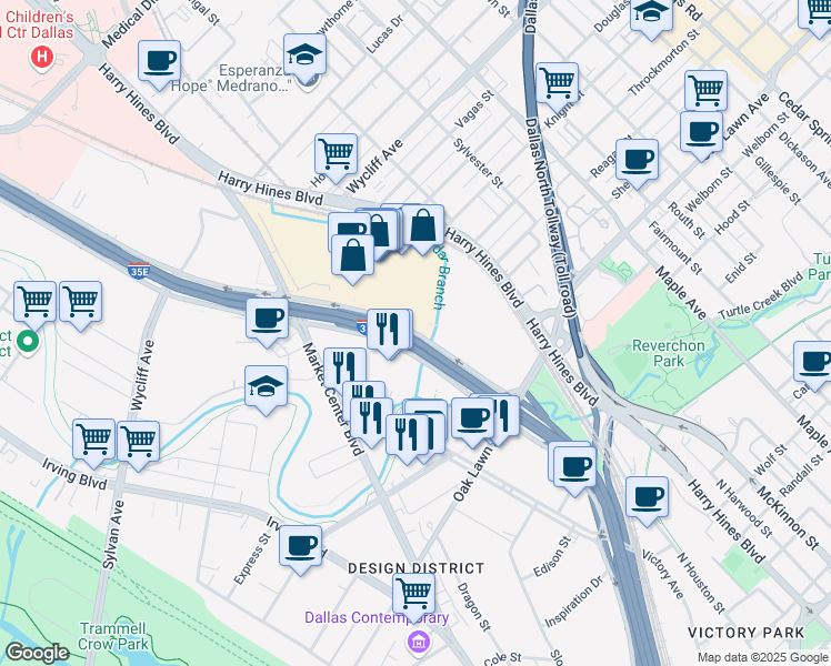 map of restaurants, bars, coffee shops, grocery stores, and more near 1950 Stemmons Freeway in Dallas