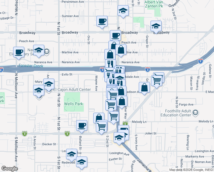 map of restaurants, bars, coffee shops, grocery stores, and more near 525 Shady Lane in El Cajon