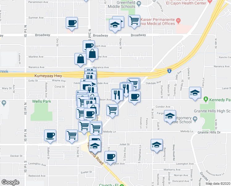 map of restaurants, bars, coffee shops, grocery stores, and more near 1386 East Madison Avenue in El Cajon