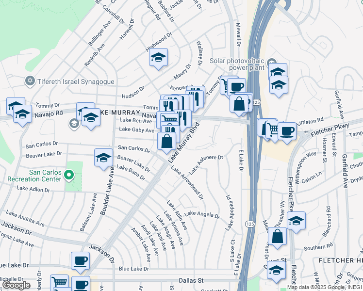 map of restaurants, bars, coffee shops, grocery stores, and more near Lake Murray Blvd & Lynnhaven Ln in San Diego
