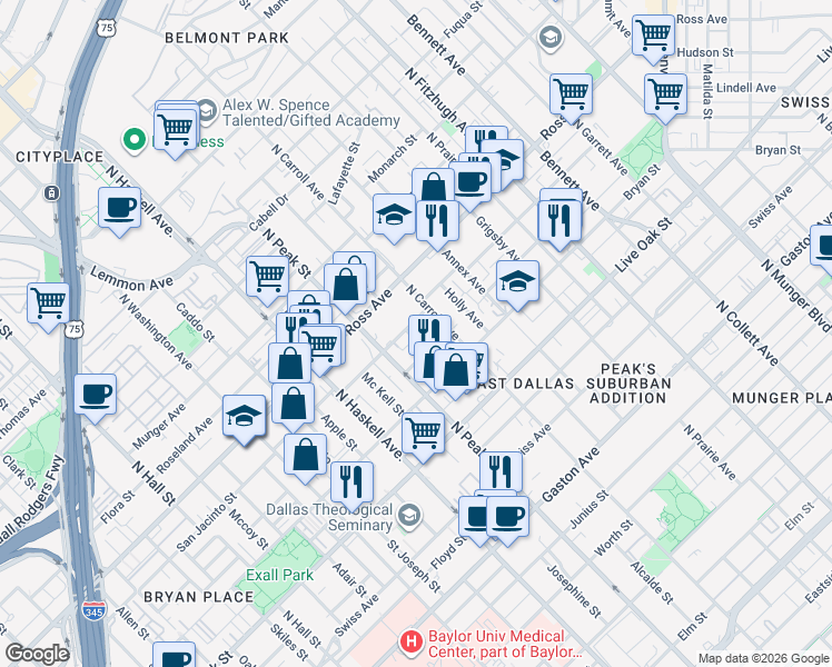 map of restaurants, bars, coffee shops, grocery stores, and more near 4400 San Jacinto Street in Dallas