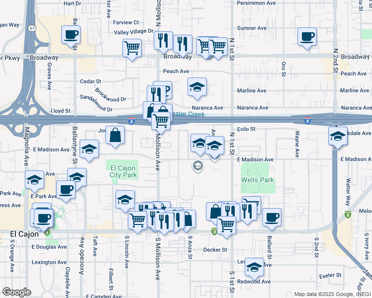 map of restaurants, bars, coffee shops, grocery stores, and more near 965 East Madison Avenue in El Cajon